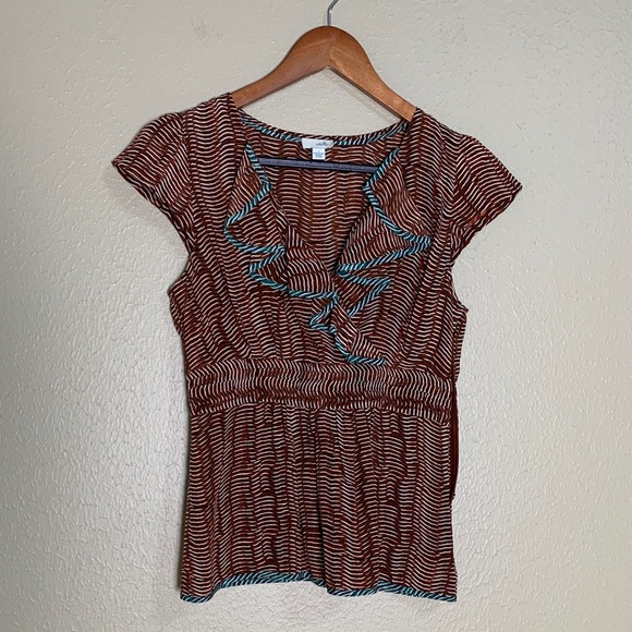 Anthropologie Odille Brown Printed Silk Peplum Blouse With Cap Sleeves Size 2 - Picture 1 of 11